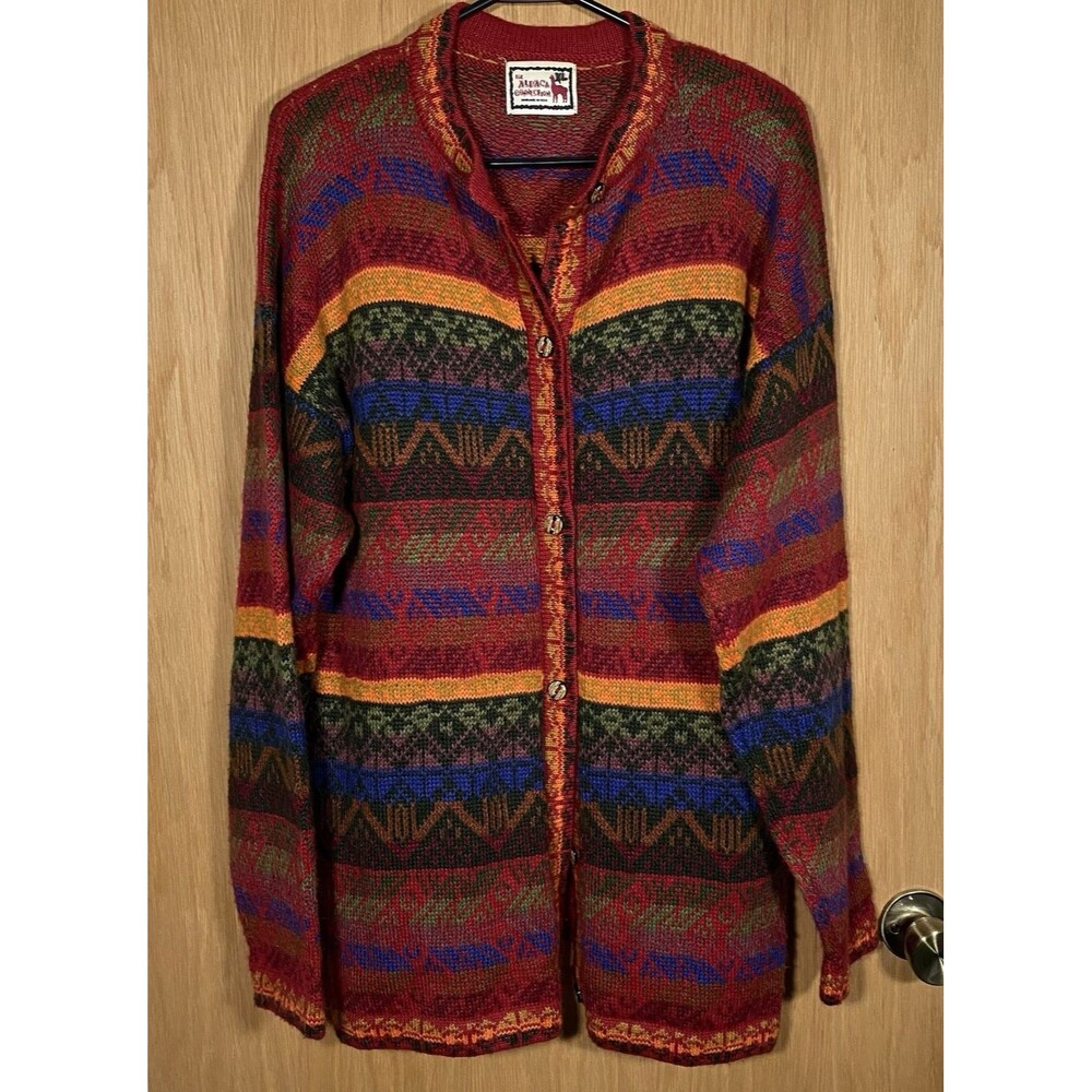 The Alpaca Connection Cardigan Sweater Jumper Colorful Aztec Western Artsy Sz XL